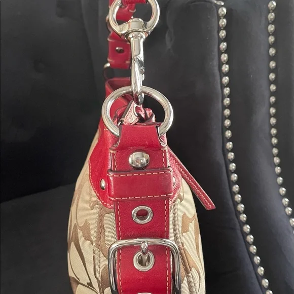 Coach saddle bag brown signature canvas; red leather trim - Picture 3 of 6